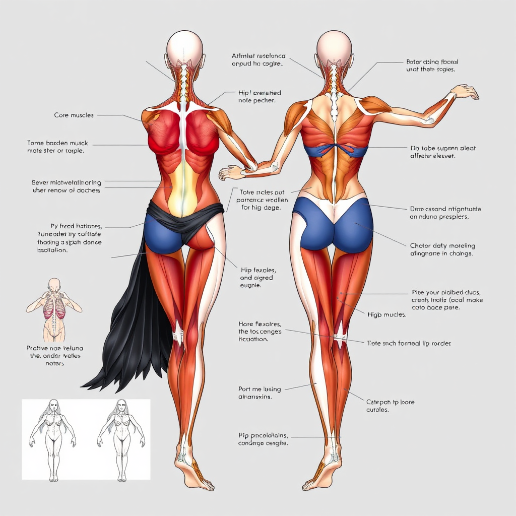 A detailed anatomical illustration showcasing the specific muscle groups engaged during various belly dance movements. Highlight the core muscles, hip flexors, and back muscles with different colors and annotations. Include diagrams of the spinal alignment and joint movements involved in techniques such as hip circles, figure eights, and rib cage isolations. Provide close-up views of hand and arm positions used in typical belly dance gestures. The illustration should be scientifically accurate and visually informative, helping viewers understand the physical mechanics behind the dance movements. Use a clean and modern design aesthetic with clear labels and concise explanations.