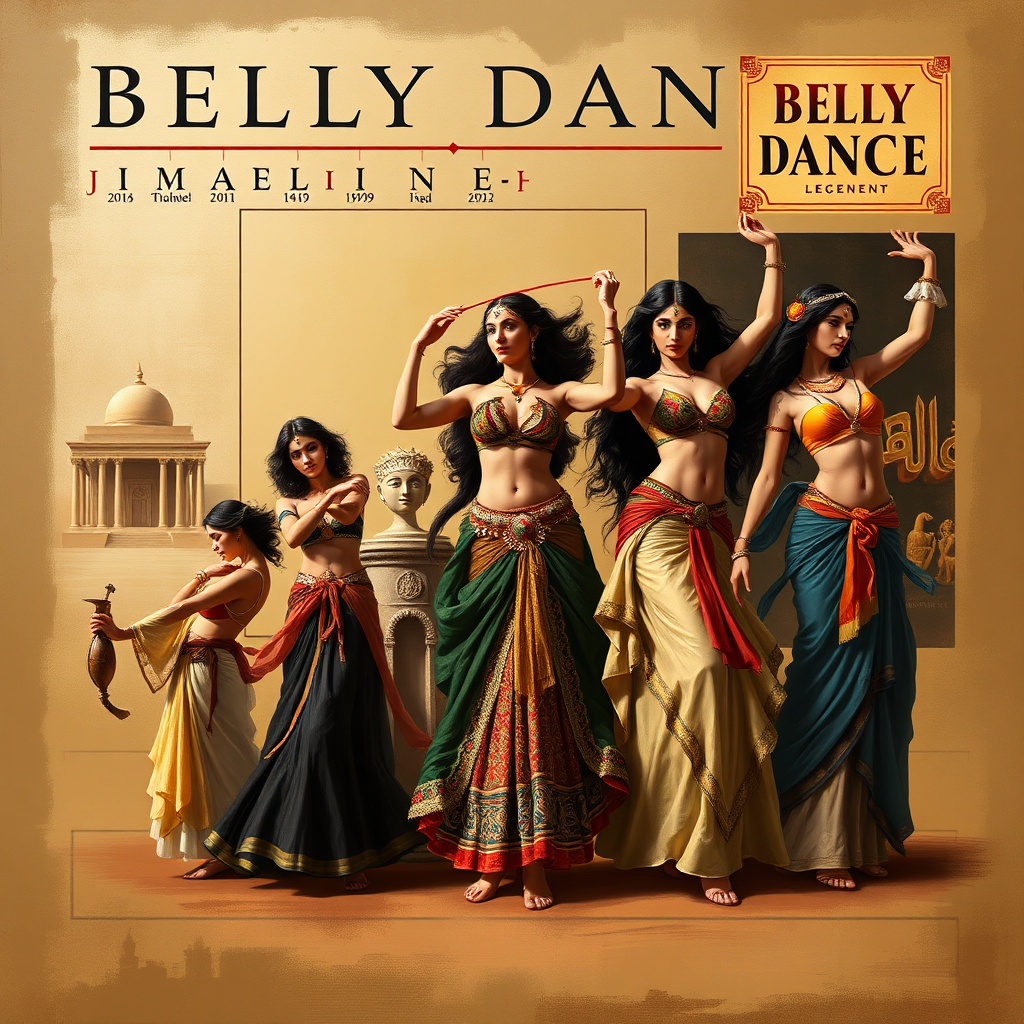 A digital painting depicting a timeline of belly dance's evolution. Start with ancient Egyptian temple dances and progress through Ottoman court performances to modern-day stage shows. Each era should be represented by distinct imagery and costuming styles. Use a warm and earthy color palette to evoke a sense of history and cultural richness. Incorporate elements such as hieroglyphs, traditional instruments, and vintage posters to further enhance the historical context. The overall composition should create a visual narrative of belly dance's journey through time, highlighting its enduring appeal and cultural significance.