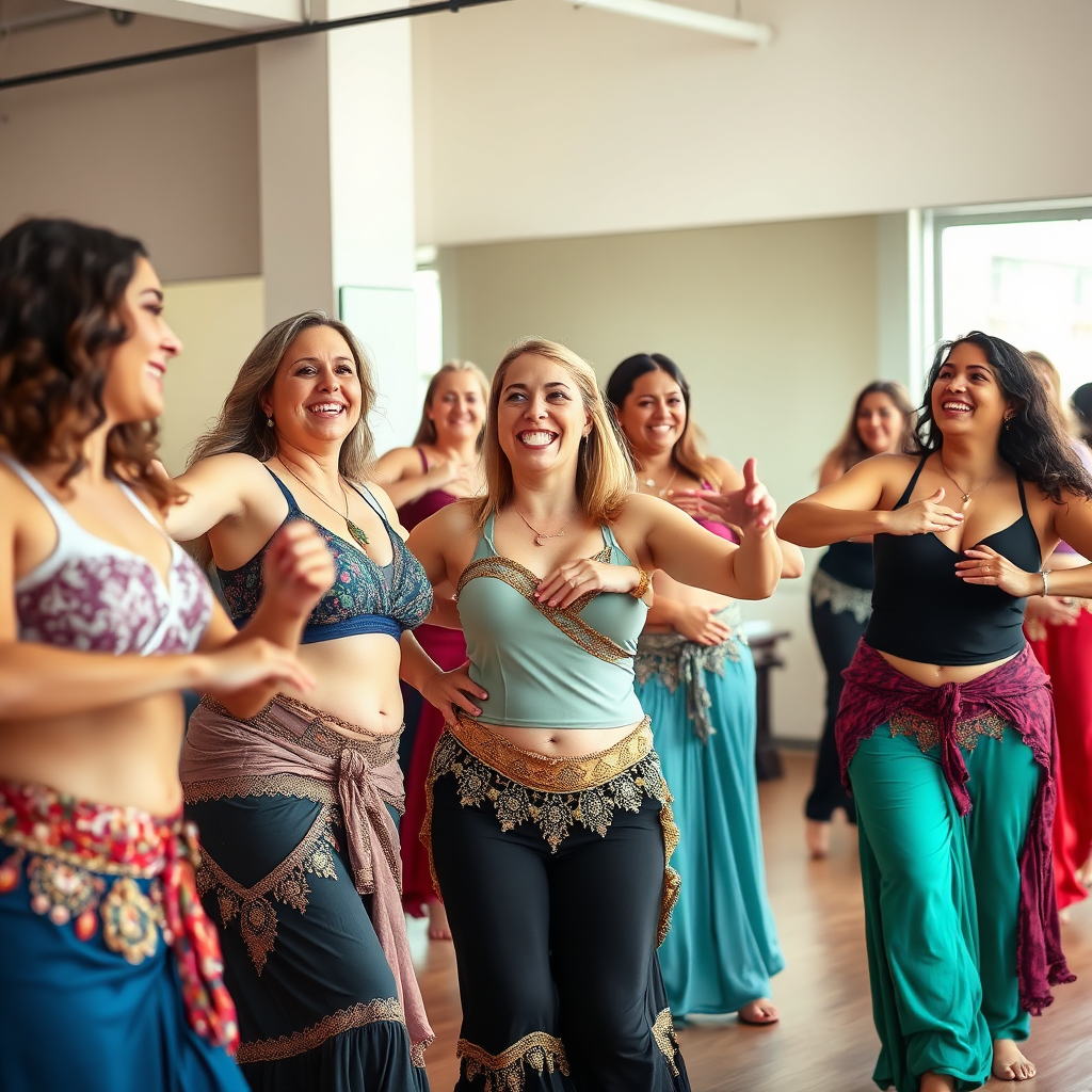 A empowering photograph of a diverse group of women practicing belly dance in a studio, each one radiating confidence and joy. Capture their smiles, laughter, and supportive interactions with each other. Use natural light to create a warm and inviting atmosphere. The focus should be on their positive body language and sense of camaraderie. Incorporate elements such as mirrors, dance props, and comfortable clothing to create a realistic and relatable scene. The overall composition should convey the message that belly dance is a fun and empowering activity that can help women of all ages and sizes feel good about themselves.