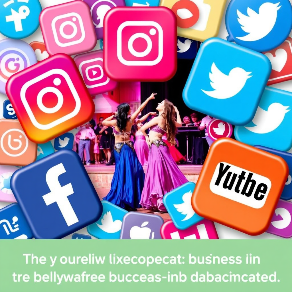 A visually engaging montage of social media icons (Facebook, Instagram, Twitter, YouTube) surrounding a central image of belly dancers performing. The image should convey a sense of community, engagement, and up-to-date information. Use a bright and vibrant color palette to create a visually appealing and attention-grabbing composition. The overall message should be that following the business on social media is a great way to stay informed and connected.