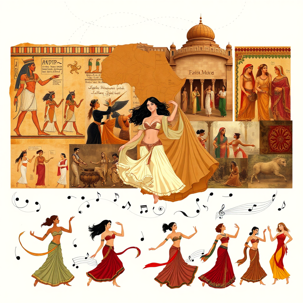 Illustrate the historical evolution of belly dance through a collage of imagery. Include ancient Egyptian murals depicting dancers, Ottoman-era paintings showcasing harem scenes, and modern-day belly dance performances. Use a warm color palette with rich browns, golds, and reds to evoke a sense of history and tradition. Emphasize the cultural diversity and influence on the dance form. Connect the different elements with flowing lines and decorative patterns to create a cohesive and visually appealing composition. Consider incorporating traditional instruments and musical notations to further enhance the historical context. The composition should feel both informative and artistic, conveying the rich heritage of belly dance.